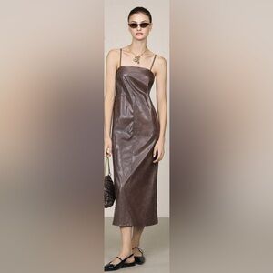 Brown Leather-Look Spaghetti Strap Midi Dress